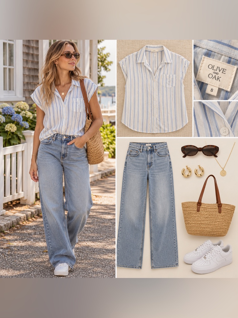 Olive & Oak Blue & White Striped Button Down Blouse | Small